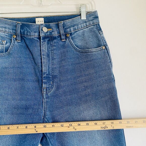 La Vie Rebecca Taylor Flare Jeans 29 Tall Blue Distressed Ultra High Rise Retro - Picture 5 of 12